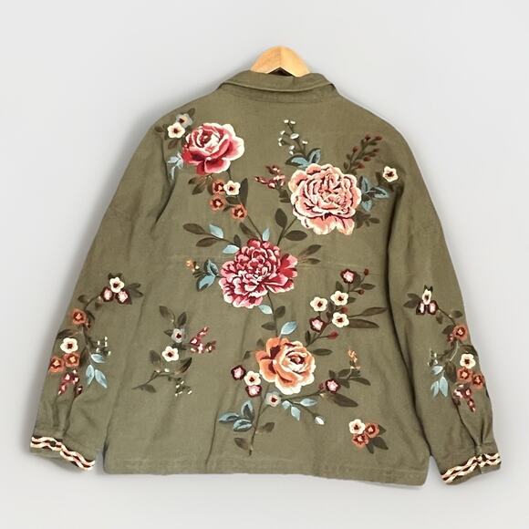 Savanna Jane Jacket Floral Embroidered Womens Sz L Olive Green Boho Western - Picture 4 of 11
